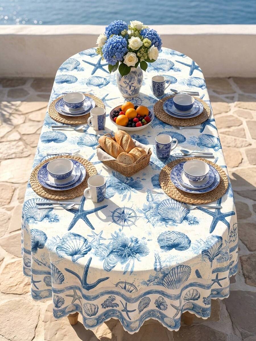 1pc-Vintage Nautical Shell Tablecloth, Waterproof Stain Resistant Polyester Table Cover With Starfish Print, Lace Trim, Ideal For Summer Party, Pool Party, Beach Gathering, Patio Dining And Indoor Outdoor Home Decor - Multicolor - View 1