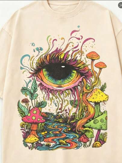 Summer Tops Men's  Eye And Mushroom Forest Pattern T-Shirt - Oversized Vintage Washed 100% Cotton T-Shirt, Vibrant 60s/70s Retro Print, Ultra-Soft And Breathable Fabric, Hip-Hop Street Style, Suitable For Festival Rave Outfits And Everyday Casual Wear - Magic Forest Loose And Comfortable Summer Clothes Spring Outfits For Women