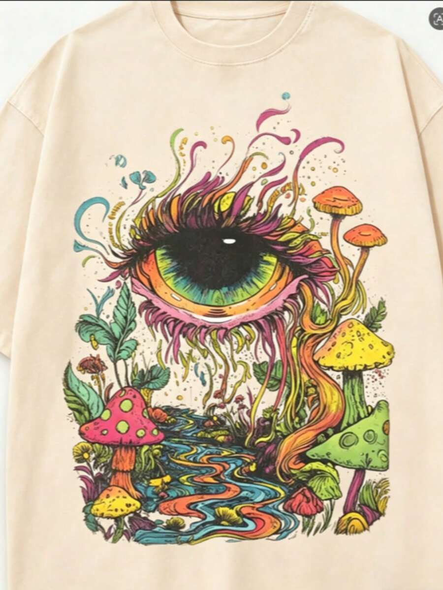 Summer Tops Men's Eye And Mushroom Forest Pattern T-Shirt - Oversized Vintage Washed 100% Cotton T-Shirt, Vibrant 60s/70s Retro Print, Ultra-Soft And Breathable Fabric, Hip-Hop Street Style, Suitable For Festival Rave Outfits And Everyday Casual Wear - Magic Forest Loose And Comfortable Summer Clothes Spring Outfits For Women - Màu be - Xem 1