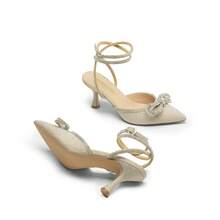 Kitten Heels Rhinestone Bow Ankle Strap Stiletto Pointed Closed Toe Heels For Women Pumps Wedding Bridal Party Dress Shoes - 金色 - 查看 8