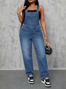 Plus Size Women's Washed Blue Loose Casual Denim Jumpsuit Vacation Spring - Blue - View 2