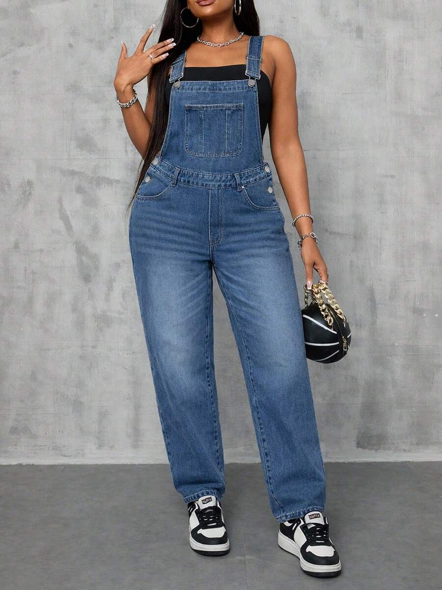 Plus Size Women's Washed Blue Loose Casual Denim Jumpsuit Vacation Spring