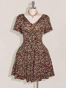 ICON Vestido floral de manga corta y ajuste delgado para mujer de talla grande, vestido floral, ropa de vuelta a la escuela, vestido de graduación - Multicolor - Ver 3