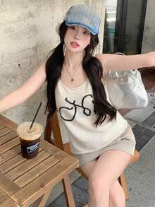 女士针织吊带背心，夏季简约性感辣妹无袖上衣 - 杏色 - 查看 3