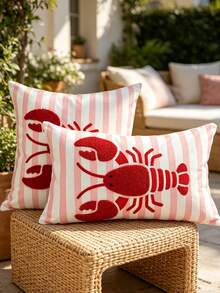 1 chiếc vỏ gối trang trí sọc thêu hình tôm hùm, dùng cho ghế bãi biển/sofa ngoài trời, trang trí kỳ nghỉ, phù hợp cho nhà ven biển, sân hiên ngoài trời, đồ nội thất mềm mùa hè. - Đỏ - Xem 1