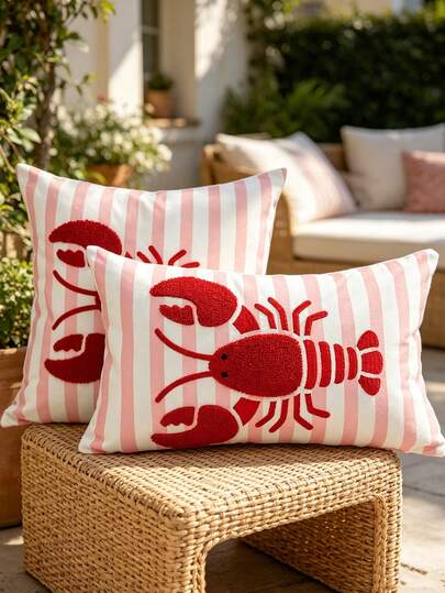 1 chiếc vỏ gối trang trí sọc thêu hình tôm hùm, dùng cho ghế bãi biển/sofa ngoài trời, trang trí kỳ nghỉ, phù hợp cho nhà ven biển, sân hiên ngoài trời, đồ nội thất mềm mùa hè.
