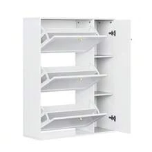 Meuble à chaussures à 3 compartiments et 1 porte, étagère à chaussures étroite, coffre de rangement à chaussures avec séparateurs réglables, étagère à chaussures autoportante pour entrée/salon, blanc, 90 x 25 x 114 cm - Blanc - Voir 10