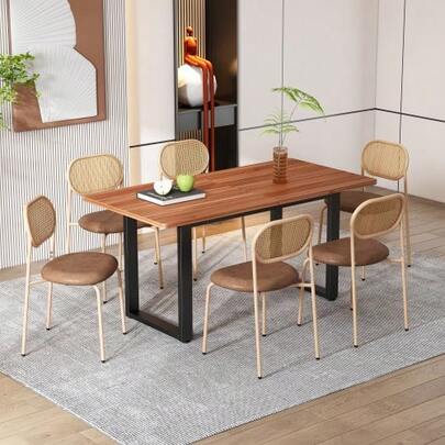 Set Of 6 Dining Chairs, Modern, Simple Leisure Chairs With Four Metal Legs, Rattan Leisure Chairs, Living Room And Bedroom Chairs, Brown