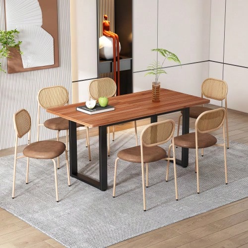 Set Of 6 Dining Chairs, Modern, Simple Leisure Chairs With Four Metal Legs, Rattan Leisure Chairs, Living Room And Bedroom Chairs, Brown - 棕色 - 查看 1