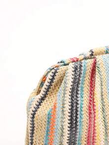 1 pieza Bolso de mano de paja tejida a rayas de colores, diseño de volantes a rayas arcoíris, bolso de playa casual de moda con correa para mujer (patrón a rayas cortado y distribuido al azar) - Multicolor - Ver 7