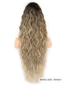 28 Inch Long Wavy Curly Ponytail Clip-In Hair Extensions, Multi-Layer Heat Resistant Synthetic Fiber, Wavy Curly Heat Resistant Fiber Wig, Unisex, Easy To Wear, Black Brown Long Extensions, Suitable For Parties And Daily Styling, Suitable For All Skin Tones, Basic Style, High Temperature Fiber, Natural Appearance - Beige Ombre - View 3