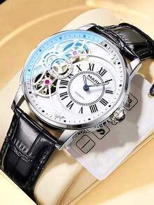 1枚男士商务自动机械表，复古罗马数字表盘，镂空设计，奢华休闲街头风情侣表，高端腕表礼品 FW-6031 - 均碼 - 查看 10