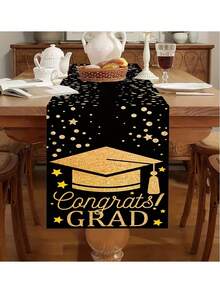 1pc 71x14 Inch Black & Gold Graduation Table Runner - 2026 Graduation Theme, Stars & Graduation Cap Design, Party Tablecloth For Graduation Party Decor, Indoor Outdoor Events, Graduation Ceremony Table Decoration - Multiple Styles - View 2