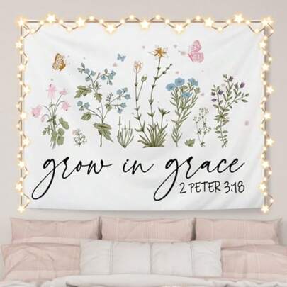 Tapestry Wall Hanging Grow In Grace Butterfly Wildflowers Tapestry Decorative Bible Verse Wall Blanket Decor For Home Living Room Bedroom 50x60 Inch