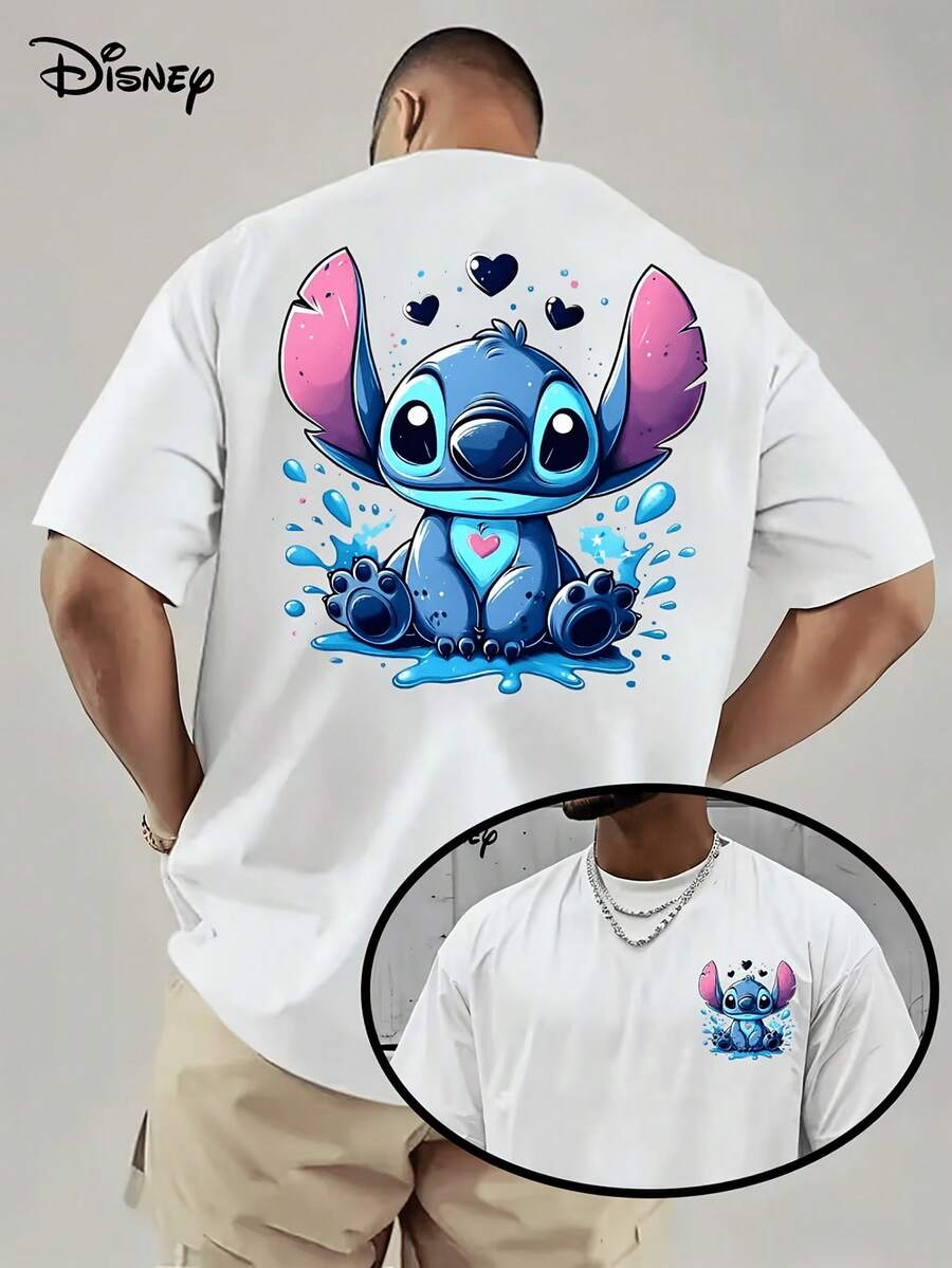 (Disney Licensed)Disney Lilo & Stitch Stitch Cute Watercolor Style With Hearts And Splashes Front And Back Print Men's Oversized Crew Neck Short Sleeve Graphic T-Shirt, Colorful Adorable Casual Streetwear Tee For Men Summer Daily Wear, Disney Officially Authorized Men's Short-Sleeved T-Shirts, Mens Clothes, Men, Ropa De Hombre, Summer Clothes, Men Shirts, Graphic Tees, Disney Outfits Men, Graphic Tees, Camisetas Para Hombre, Camisas Para Hombre, Summer Outfits For Men, Father's Day Gift, Perfect Gift For Family And Friends, Which Are Necessary For Birthday Parties, Disney Shirts, Mens Clothes, Summer Clothes, Officially Licensed Disney T-Shirts, Disney Men's And Women's Spring/Summer Fashion Casual Short-Sleeve T-Shirts - White - View 1