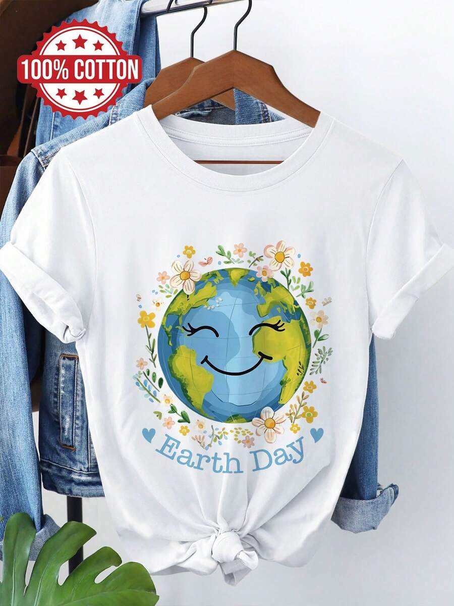 Damtoppar 2026 Jordens dag Damkläder Vår/Sommar, Akvarell Jordblommigt Tryck, Mångsidig Kortärmad T-shirt med Rund Hals Våroutfit - [Vit] - Visa 1