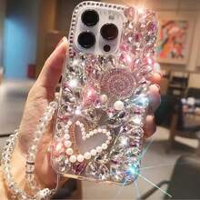 Funda de teléfono con cadena, con corazón de perla 3D y cristales de lujo, compatible con iPhone 17 Pro Max/17 Pro/17, 16 Pro Max/16 Pro/16, 15 Pro Max/15 Pro/15, Nuevo 14 Pro Max/13, elegante y protectora - Multicolor - Ver 3