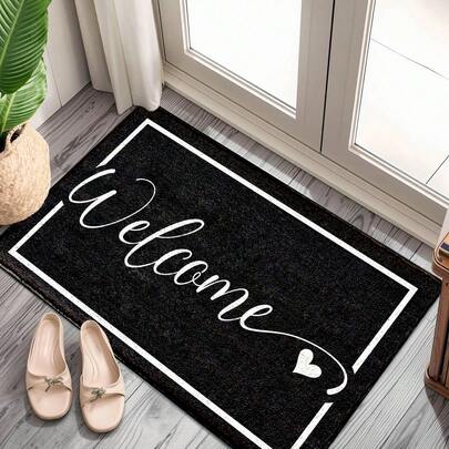 1pc Black & White Frame With White Letter Print Faux Wool TPR Bottom Doormat, Bathroom Mat, Kitchen Mat, Laundry Room Mat, Holiday Decor, Home Decor, Party Decor, Wedding Decor, Dining Decor