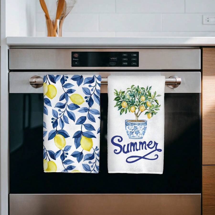 Bộ 2 khăn lau bếp bằng sợi microfiber họa tiết chanh và bình hoa màu xanh dương, hình chữ nhật 40*60cm, thích hợp cho nhà bếp, phòng tắm, quà tặng tân gia, giá trị cao. - Màu xanh Cadet - Xem 1