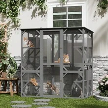 Amplio recinto exterior de madera para gatos y pequeños animales – Acceso para caminar, techo de asfalto impermeable, conexión a ventana, diseño multinivel con puente, poste rascador, hamaca, 4 plataformas, 2 cajas de descanso, resistente a los rayos UV y a la intemperie – Ideal para el patio - Gris - Ver 7