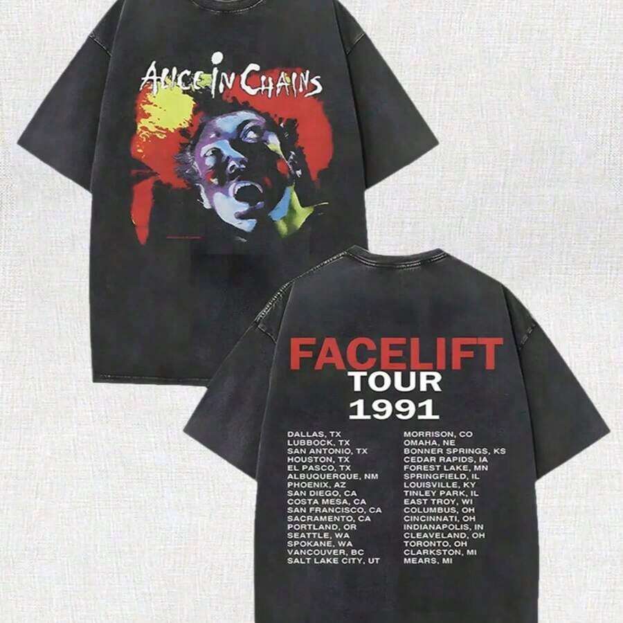 Alice's Face Transformation In The Chain 1991 Concert Tour New T-Shirt Retro Casual Round Neck Short Sleeve Washed Men's T-Shirtsummer Outfits For Womengraphic Tees - Black - View 1