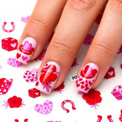 1 miếng dán móng tay hình hoa và trái tim màu đỏ, hình mũ denim cá tính, tự dính một lần, họa tiết 3D nổi, phong cách ngọt ngào phù hợp cho các bữa tiệc, họa tiết tinh tế dễ dán.