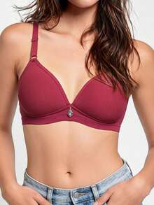 1pc Women's Comfortable Breathable Wireless Soft Cup Solid Color Bra - Burgundy - View 3