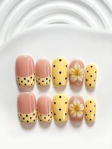 10Pcs Retro Energetic Style Handmade Press On Nail,Polygel Nail Set,Small Golden Steel Ball,Pink,Black,Yellow,White Nail Polish,Dreamy Girly Style,Includes Nail Tools,3 Sizes Available,Square,Short Square,Almond,Nails For Party,Dance,Daily Wear. - 彩色 - 查看 13