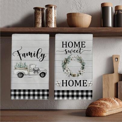 Bộ 2 khăn lau bếp, khăn lau bát đĩa, khăn lau tay, khăn rửa chén in hình xe tải và vòng hoa vân gỗ cổ điển vẽ màu nước, kích thước 15.75*23.62in (40*60cm), chất liệu polyester microfiber, mềm mại, thấm hút tốt, kiểu dáng hiện đại, thích hợp làm phụ kiện nhà bếp, có thể giặt máy, dùng cho phòng ăn, nhà bếp, phòng tắm, trang trí nhà cửa, làm quà tặng, phù hợp mọi mùa.