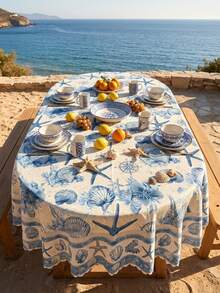 1pc-Vintage Nautical Shell Tablecloth, Waterproof Stain Resistant Polyester Table Cover With Starfish Print, Lace Trim, Ideal For Summer Party, Pool Party, Beach Gathering, Patio Dining And Indoor Outdoor Home Decor - Multicolor - View 2
