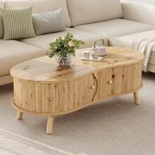 Pea-Shaped Coffee Table With Grooved Design, Double Sliding Doors, Living Room/Tea Table, Wood Grain Look, Solid Wood Table Legs, MDF Material - Khaki - View 5