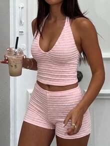 Vaiaye Women's Striped Camisole And Shorts 2-Piece Set, Cropped Tank Top And Shorts Beach Vacation Casual Outfit, Sexy Backless Beach Holiday Suit Pink Summer - Pink - View 4