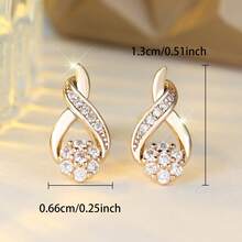 Vanel 一对优雅的金色镶钻立方氧化锆耳环，无限符号扭曲花朵设计，时尚日常饰品，送给她的优雅珠宝礼物 - 金黃色-白色 - 查看 5