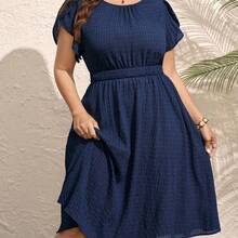 Comfylo Plus Size Women Vacation Round Neck Waist Ruffle Sleeve Dress Festival Outfits For Women Festival Dresses Beach Dress Vacation Outfits Women Vacation Dresses Summer Dresses For Women Mother's Day - Azul Marino - Ver 4