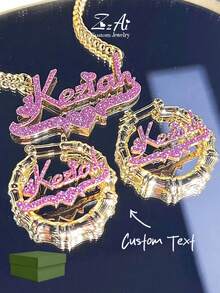 1 Set Rhinestone Name Earrings & Necklace: Customized Bamboo Hoop Earrings, Personalized Jewelry Set, Earrings & Necklace Length 5cm, Sandblasted Finish, Stainless Steel Customized Jewelry, Comes With Gift Box, Suitable For Valentine's Day, Pink Sandblasted,Jewellery For Ladies ,Boho Statement, Mother's Day Gift - Sand Press Model - 1 - View 1