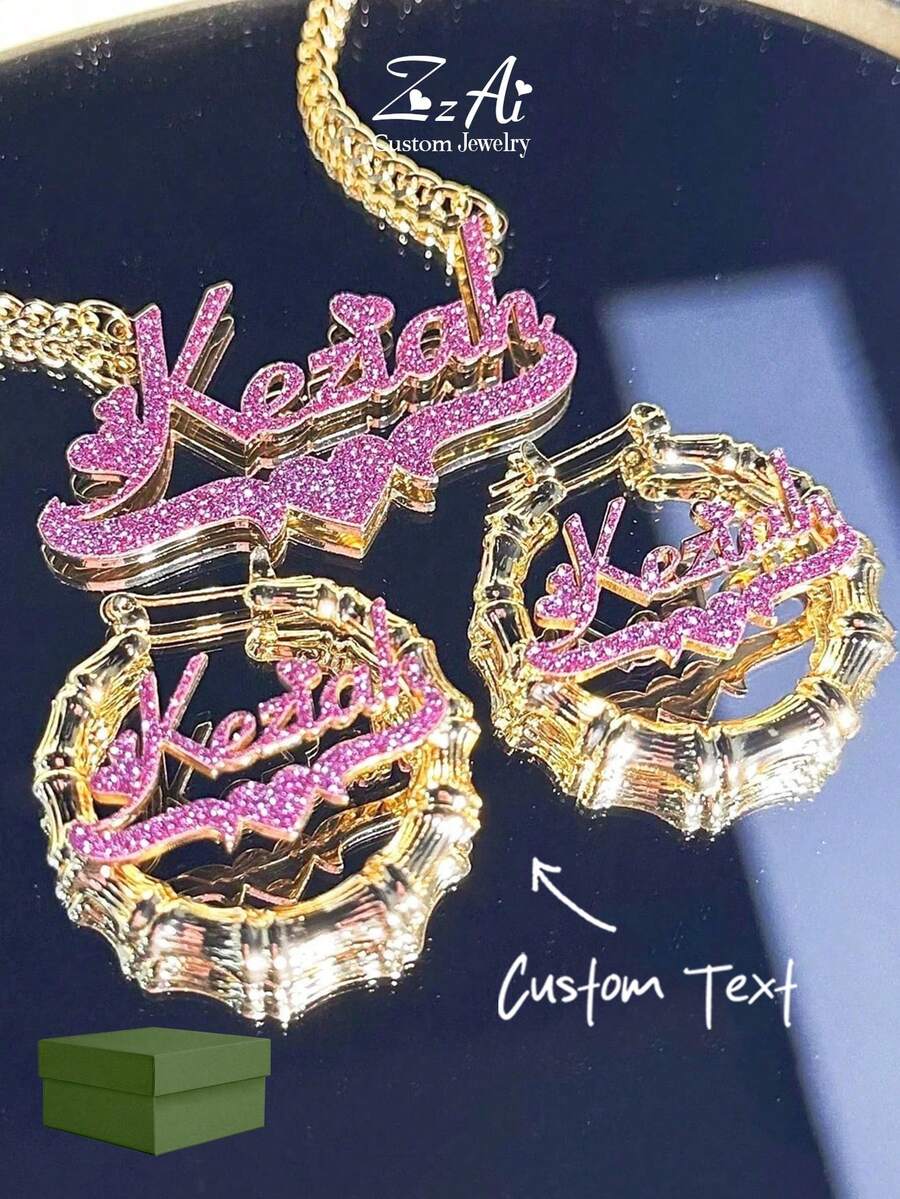 1 Set Rhinestone Name Earrings & Necklace: Customized Bamboo Hoop Earrings, Personalized Jewelry Set, Earrings & Necklace Length 5cm, Sandblasted Finish, Stainless Steel Customized Jewelry, Comes With Gift Box, Suitable For Valentine's Day, Pink Sandblasted,Jewellery For Ladies ,Boho Statement, Mother's Day Gift - Sand Press Model - 1 - View 1