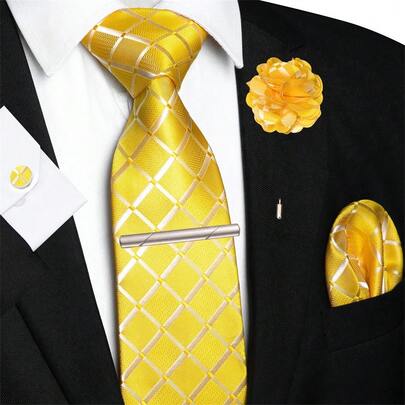 1/2/3/4/5pcs Men's 8CM (3.15inch) Yellow & White Striped Plaid Polyester Tie, Pocket Square, Cufflinks, Tie Clip & Lapel Pin Combination Set, Suitable For Wedding, Graduation, Date, Business And Other Occasions, Great For Birthday, Father's Day Gifts