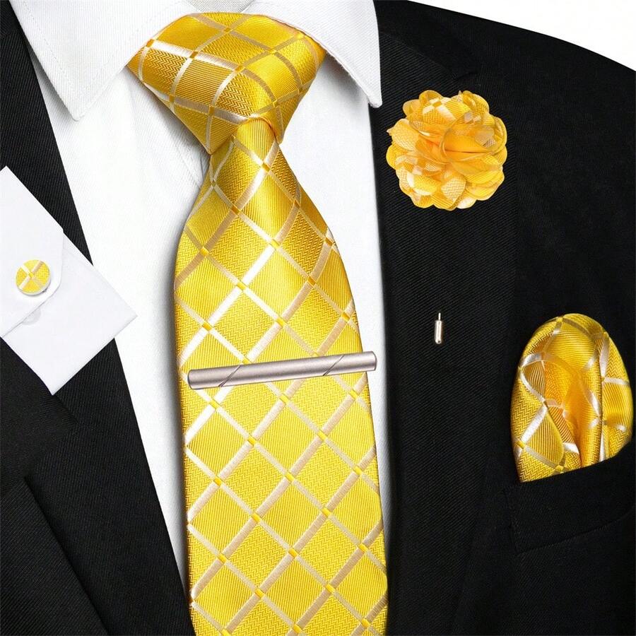 1/2/3/4/5pcs Men's 8CM (3.15inch) Yellow & White Striped Plaid Polyester Tie, Pocket Square, Cufflinks, Tie Clip & Lapel Pin Combination Set, Suitable For Wedding, Graduation, Date, Business And Other Occasions, Great For Birthday, Father's Day Gifts - Yellow - View 1