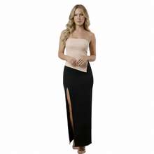Conjunto 2 Peças Elegante Top Tubo Assimétrico Tomara Que Caia Ribana a e Saia Maxi Longa Preta Com Fenda Suplex premium - bege/nude e preto - Visão 1