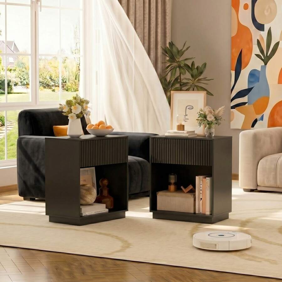INNOD Fluted Nightstands Set Of 2, Modern Mid - Century Wood Bedside Table With Drawer & Open Storage Shelf, End Table For Bedroom, Living Room, Office, Sofa Side Couch Black - 黑色 - 查看 1