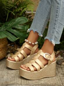 Women's Platform Thick Strap Sandals, Dark Fashionable,Gladiator Sandals,Summer Sandals - Gold - View 4