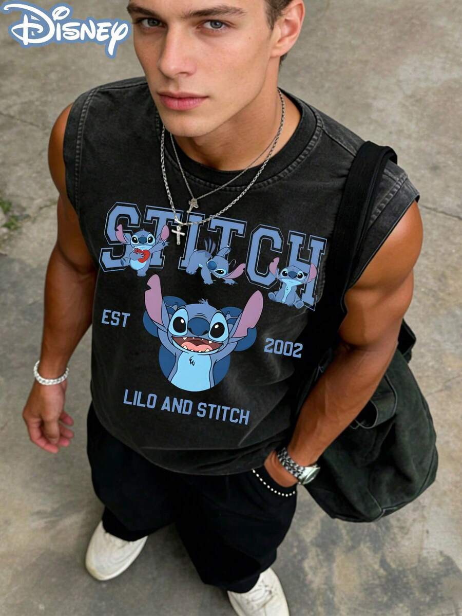 Disney Lilo & Stitch EST.2002 Officially Licensed Men's Sleeveless Graphic Tee, 100% Cotton 230g Washed Vintage Streetwear Shirt - màu đen - Xem 1