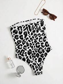 Women's Fashionable Bandeau Leopard Print One-Piece Swimsuit, Suitable For Beach & Summer Vacation - Multicolor - View 4