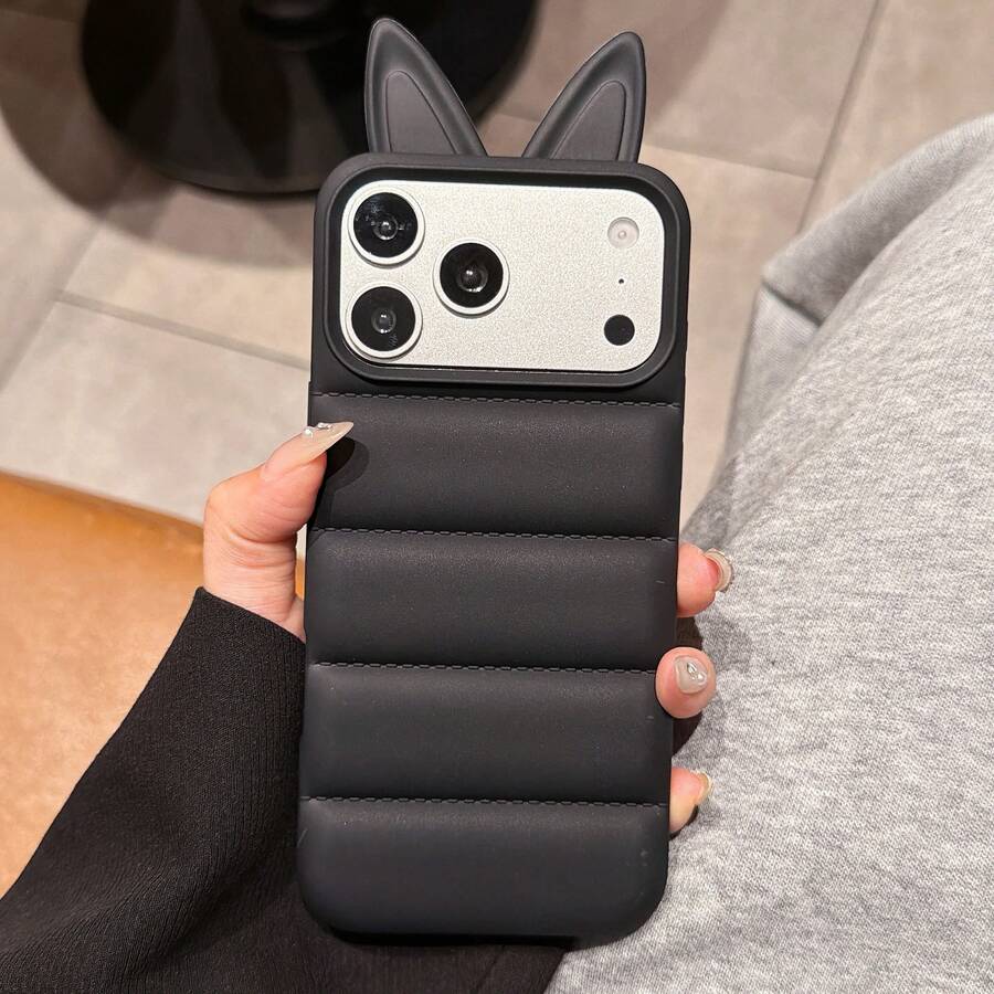 3D兔耳羽绒服手机壳，兼容，可爱绗缝羽绒服风格，柔软TPU材质，防摔防震保护壳，兼容 17/16/15 Pro Max - 黑色 - 查看 1