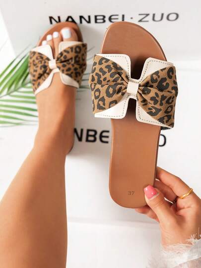 NANBEI ZUO Women's Leopard Print Bow Beach Slippers, Fashion Minimalist Korean Style Vacation Casual Sandals, Lightweight Indoor/Outdoor Comfortable Slides