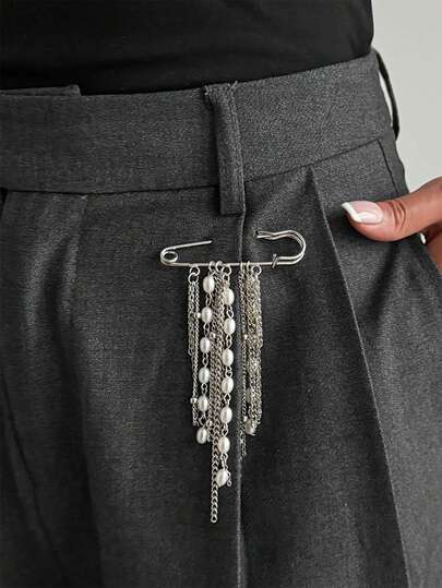 1PC Silver Pearl Tassel Safety Pin Brooch, Multi-Use Chain Tassel Pin For Women, Versatile Clothing Fastener For Jeans, Blazer, Scarf, Daily Wear