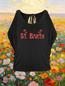 Plus Size - Women's Cold Shoulder T-Shirt - "St. Barth" Red Palm Tree Graphic, Black Casual Tropical Vacation Top, Perfect For Daily Wear Or Gifts, Cold Shoulder Fashion | Plus Size Casual Style. - 黑色 - 查看 2