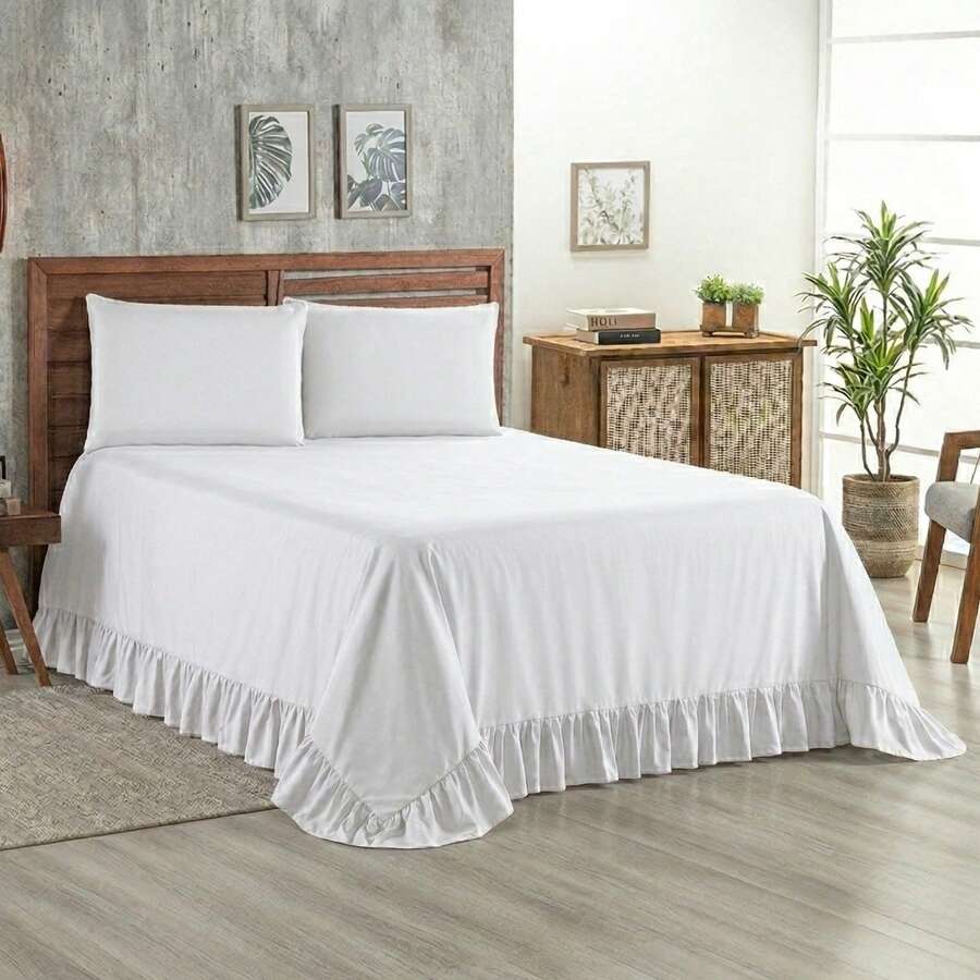 Colcha Laila Queen 400 Fios Com Babado 3 Peças Micropercal - Branco - Visão 1