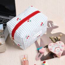 1 Peça Bolsa de Cosméticos Acolchoada Estilo INS com Decoração de Laço de Cereja, Grande Capacidade, Portátil, Organizador de Viagem Multifuncional para Viagem, Férias, Uso Diário, Vaidade, Escritório, Dormitório para Mulheres e Adolescentes, Presente Essencial para Viagem - Multicolorido - Visão 8