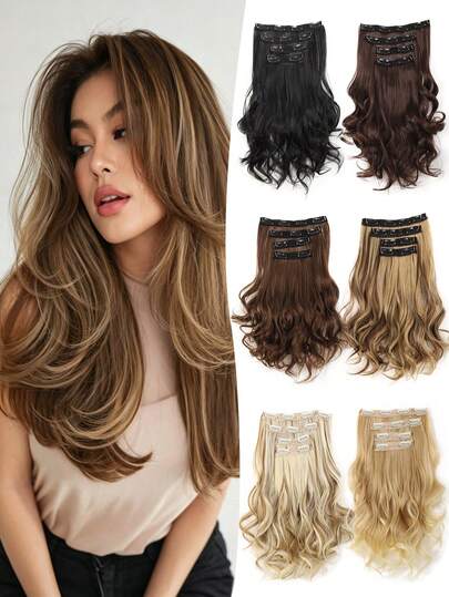 Bộ 4 miếng/bộ 11 miếng tóc nối kẹp, tóc giả ngắn 14 inch mềm mại tự nhiên, sợi tổng hợp chịu nhiệt cao, tóc xoăn gợn sóng dành cho nữ, hiệu ứng vô hình, màu nâu sô cô la pha vàng mật ong, tóc nối kẹp xoăn, phù hợp để sử dụng hàng ngày.